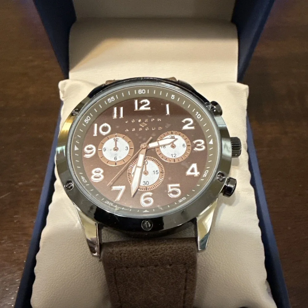 Joseph Abboud Mens Strap Watch Stainless Steel Leather Band Brown Dial NEW